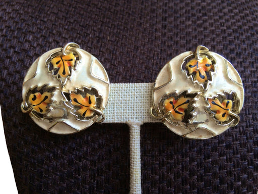 80s Statement Large Round Cream White Enamel Hand Painted Yellow Orange Leaf Clip on Vintage Earrings, Dynasty style occasion jewelry clips