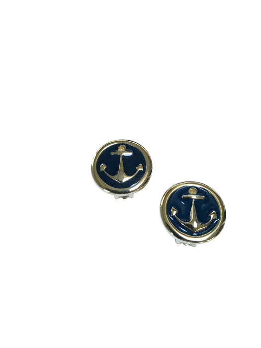 70s Vintage Navy Blue Enamel Nautical sailor Anchor Gold tone Clip on Earrings, summer jewelry, beach jewelry, gift for her, ahoy sailor