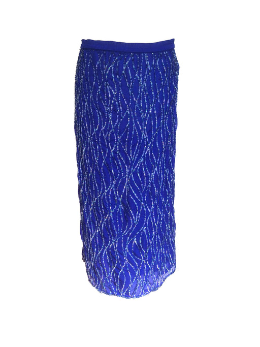 70s-80s Frank Usher Electric Blue Silk Rainbow Sequin Party Occasion Midi Skirt sz L-XL, New Year's Christmas wear