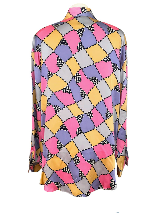 80s 100% Silk Satin Abstract Pop Art Check Geometric Print Ladies Men's Unisex Button-Down Festival Party Shirt Blouse Tunic Top sz Large