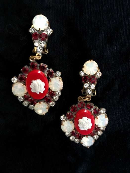 Old Czech Crystal Glass Red Opaque White Cameo Rhinestone Handmade HUSAR.D Signed Drop Dangle Clip Earrings Czechoslovakia Jablonec Earrings