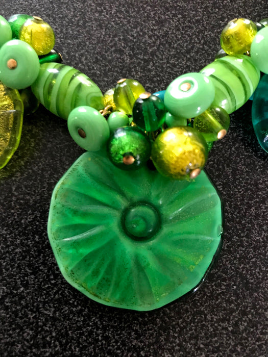 Green Murano Glass 24kt Gold Leaf Layered Hand Blown Bib Charm Necklace