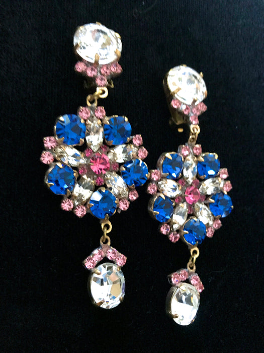 Art Deco HUGE Old Czech Crystal Glass Blue & Pink Drop Dangle Clip Earrings