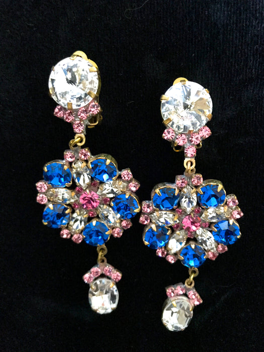 Art Deco HUGE Old Czech Crystal Glass Blue & Pink Drop Dangle Clip Earrings