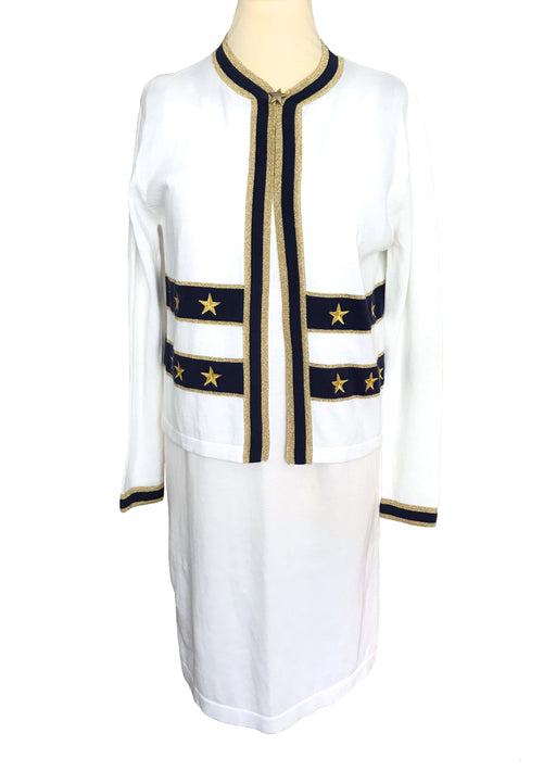 90s White Navy Blue Gold Lurex Metallic Applique Nautical Jersey Dress & Jacket Suit