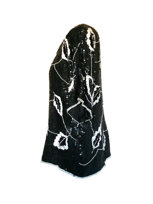 70s Silk Acorn Leaf Black & White Sequinned Beaded Kimono Flapper Tunic Top