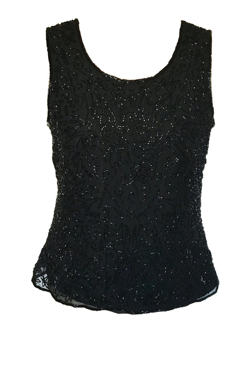 80s-90s Vintage Malvin Simple Elegance Black Sheer Silk Sequin Beaded Top
