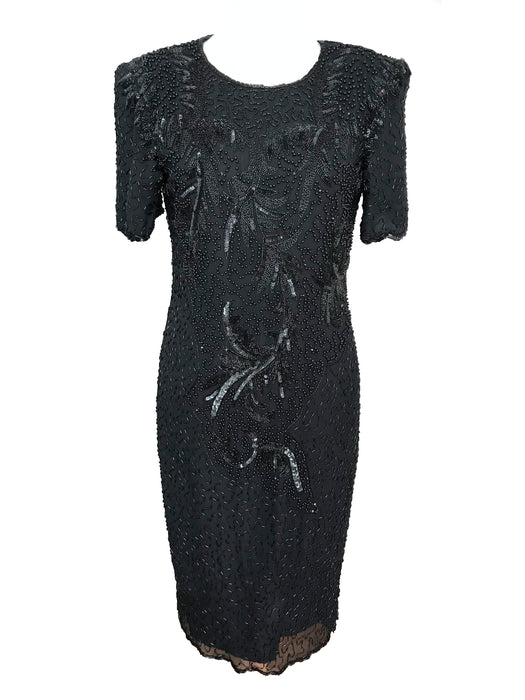 80s Vintage little black dress beaded sequined silk cocktail evening occasion dress