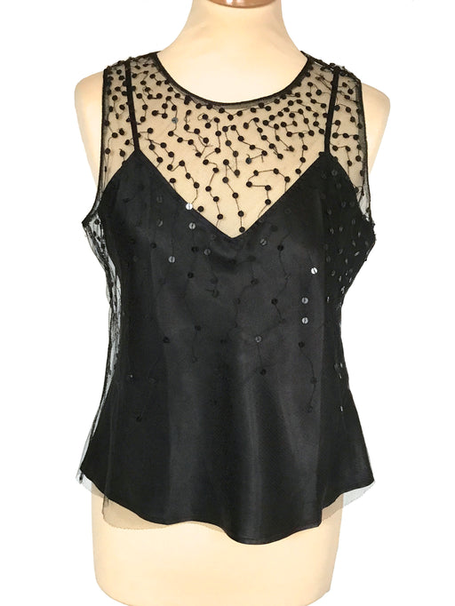 90s French Designer Silk Satin and Sequinned Net Camisole Party Top