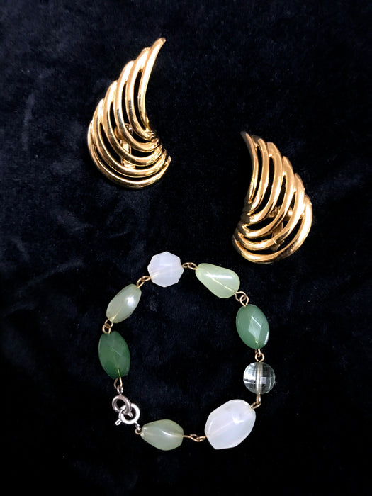 60s 3 in 1 Faux Jade Glass Jewelry Piece - Sweater Dress Clip/Crescent Clip Earrings/Bracelet