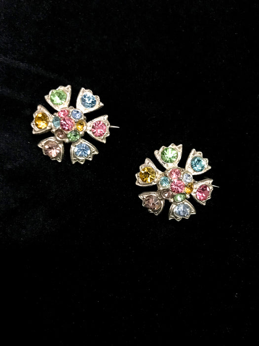 40s Art Deco Multi Coloured Rhinestone Domed Flower Pair Brooches Pins Duette