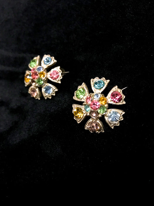 40s Art Deco Multi Coloured Rhinestone Domed Flower Pair Brooches Pins Duette