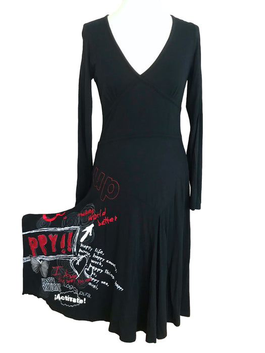Desigual Black Cotton Jersey Skater Circle Dress, Asymmetrical Handkerchief Hem Appliqued Embroidered Hipster Urban Hippie Deep V-Neck LBD S