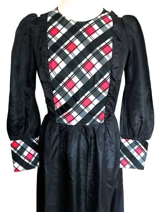 60s Edwardian Style Black Red White Taffeta Diamond Plaid Detail Ruffle MOD Maxi Dress
