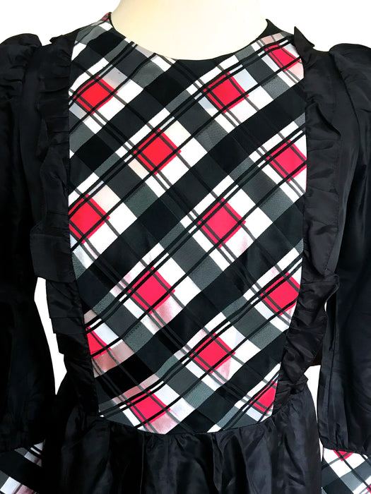 60s Edwardian Style Black Red White Taffeta Diamond Plaid Detail Ruffle MOD Maxi Dress