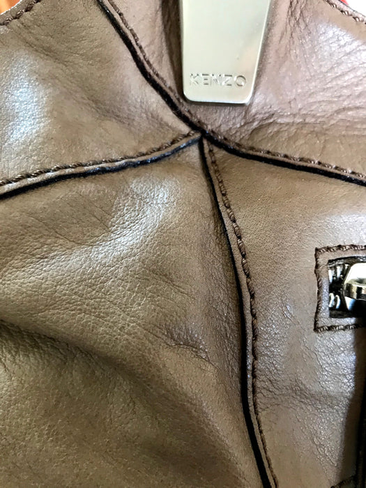 KENZO Classy Large Genuine Soft Leather Tote Khaki Caramel Beige w/ Funky Lining