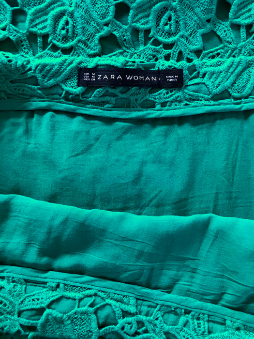 ZARA Emerald Green Floral Cotton Lace A-Line Knee Length Summer Skirt