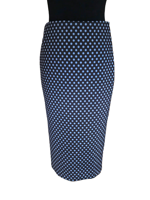BNWT High Waist Indigo & Baby Blue Polka Dot Form Fitting Pencil Midi Skirt