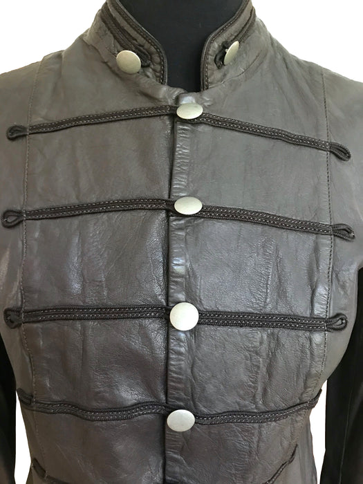 Chocolate Brown Braided Lamb Leather Steampunk Military Style Jacket