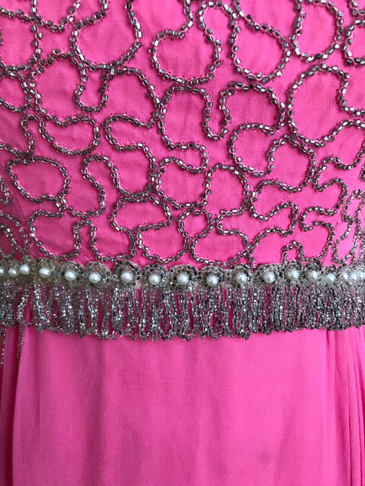 60s Bubble Gum Pink Chiffon Cut Out Back Beaded Evening Gown