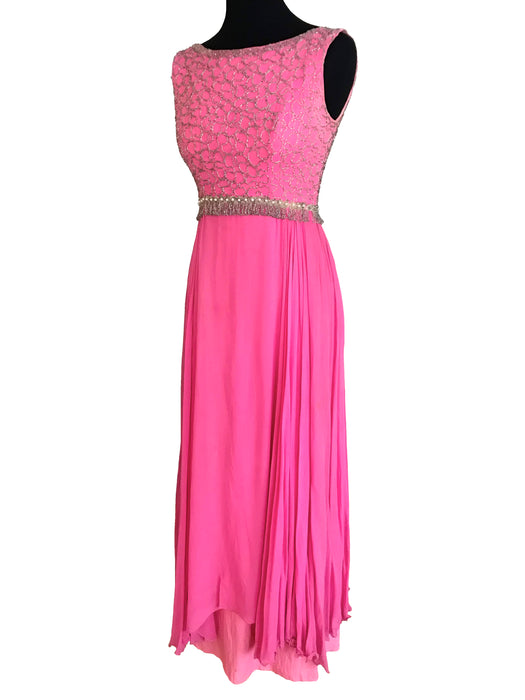 60s Bubble Gum Pink Chiffon Cut Out Back Beaded Evening Gown