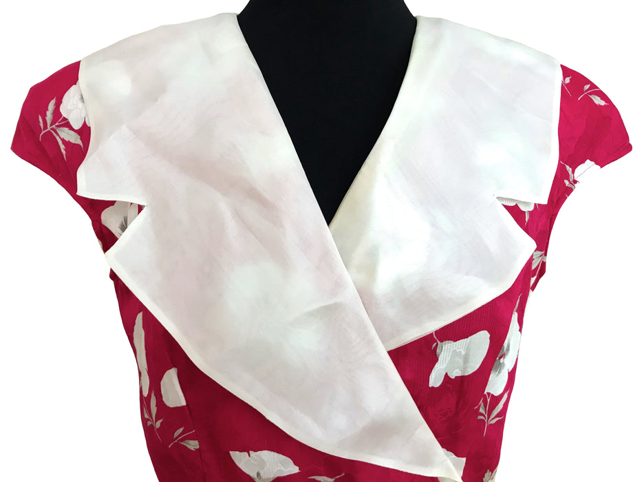 80s New Wave Raspberry Pink & Cream Sailor Collar Floral Print Sheath Dress