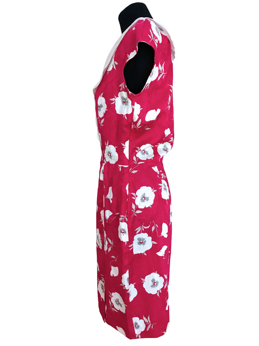 80s New Wave Raspberry Pink & Cream Sailor Collar Floral Print Sheath Dress
