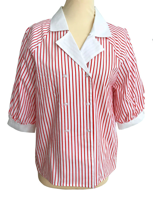 80s Cotton Red & White Striped Nautical Puffed Sleeves Buttoned Blouse