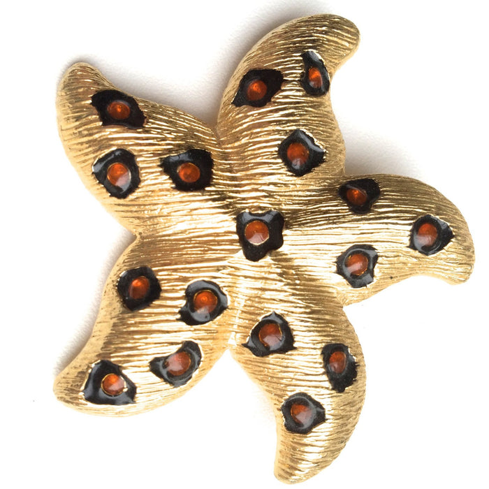 80s Vintage Starfish Figural Brooch, Bold Wide Gold-tone Textured Brushed Metal, Orange Cabochons Black Enamel