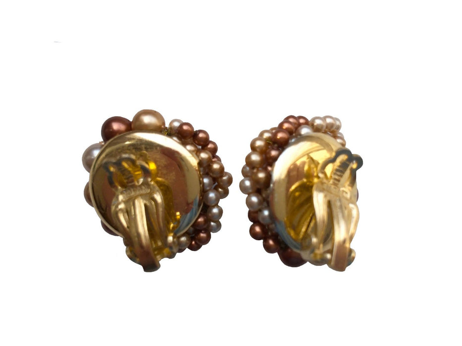 50s Japan Signed Twisted Cluster Vintage Glass Bead Clip On Earrings, Cream Champagne Toffy Caramel Glass Bead Earrings, Mother's Day gift
