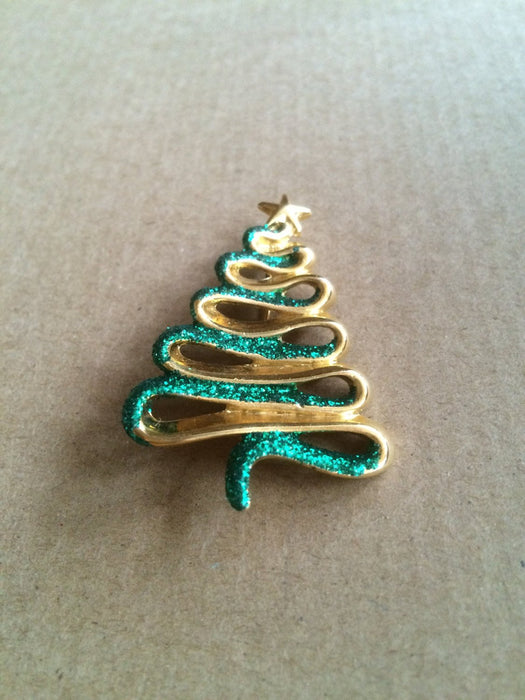 Danecraft Signed Large Vintage Green Glitter Gold Tone Christmas Tree Brooch Pin Holiday Season Festive New Year Party Gift for Her