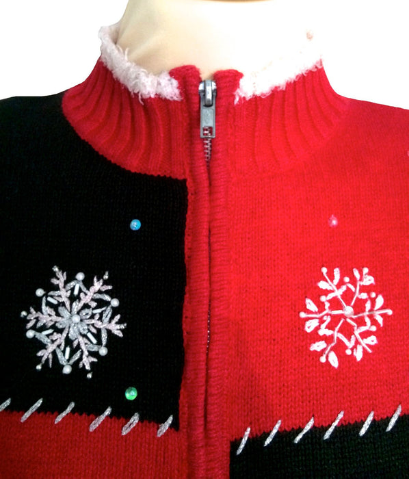 Vintage Christmas Sweater Cardigan Red & Black Embroidered Zip Front Snowflakes Jewels Small-Medium, Christmas Party wear, Christmas gift