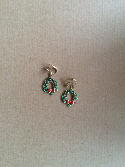 Vintage Gold Tone Enameled Christmas Wreath Large Dangle Clip On Earrings Festive Holiday Season New year Party Gift for Her