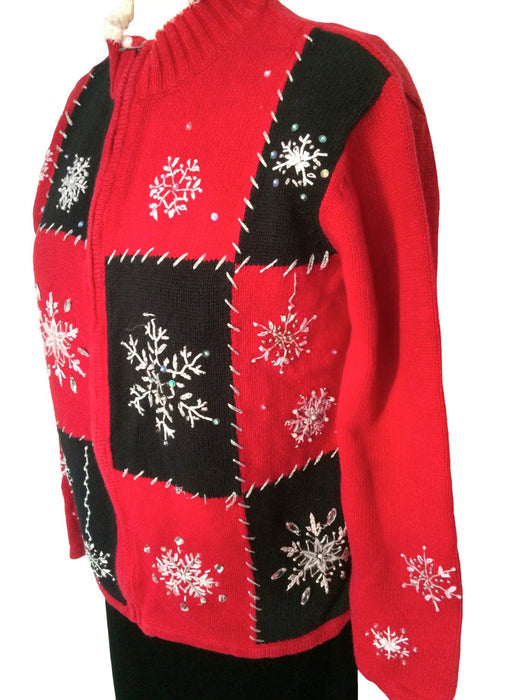 Vintage Christmas Sweater Cardigan Red & Black Embroidered Zip Front Snowflakes Jewels Small-Medium, Christmas Party wear, Christmas gift