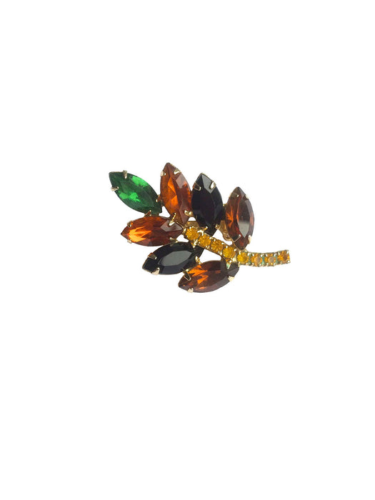 Vintage Gold Tone with Multi Colored Faceted Rhinestone Leaf Branch Brooch Pin