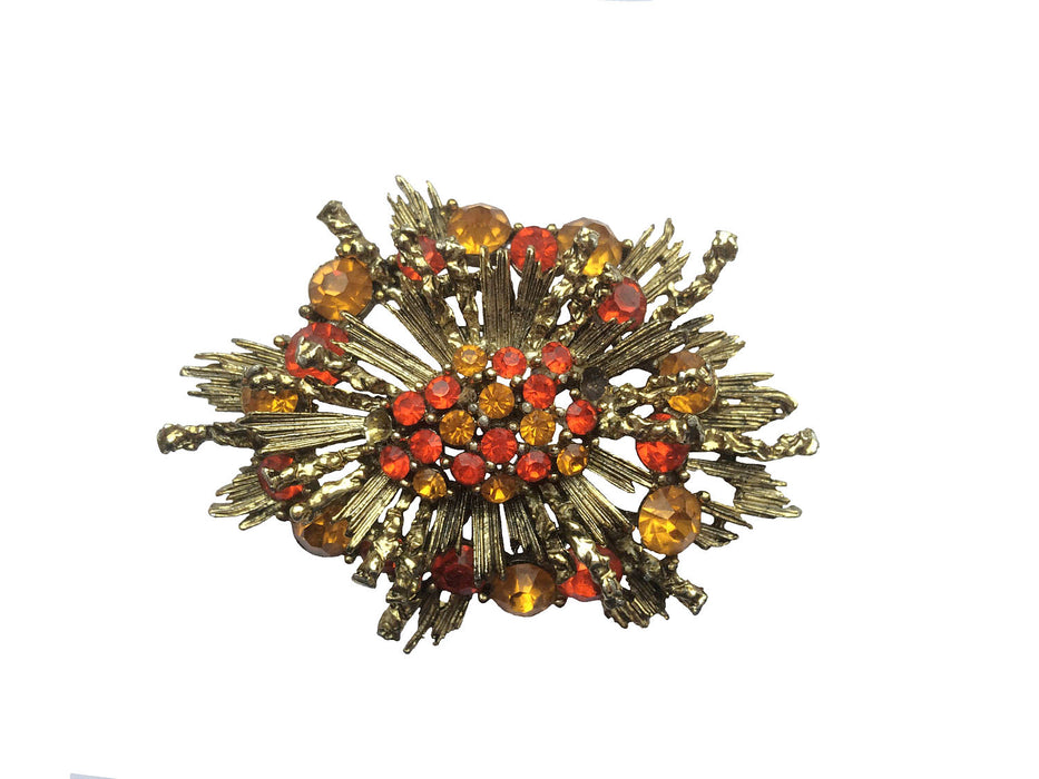 Vintage Autumn Leaves Large Rhinestone Orange & Amber Sunburst Brooch Pin, gift for her