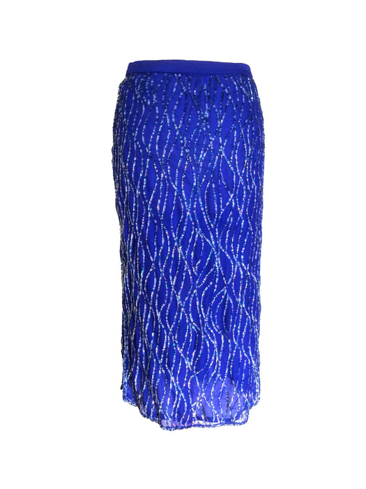 70s-80s Frank Usher Electric Blue Silk Rainbow Sequin Party Occasion Midi Skirt sz L-XL, New Year's Christmas wear