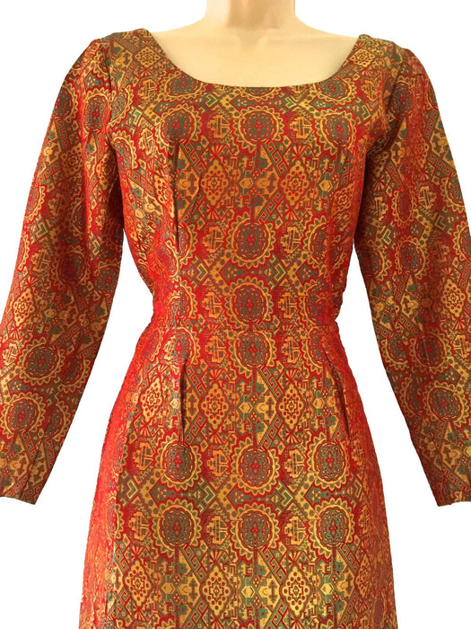 50s Vintage Jacquard Samarkand Print Wiggle Cocktail Dress, Races Wedding Dress, Tea Dress, Occasion Dress