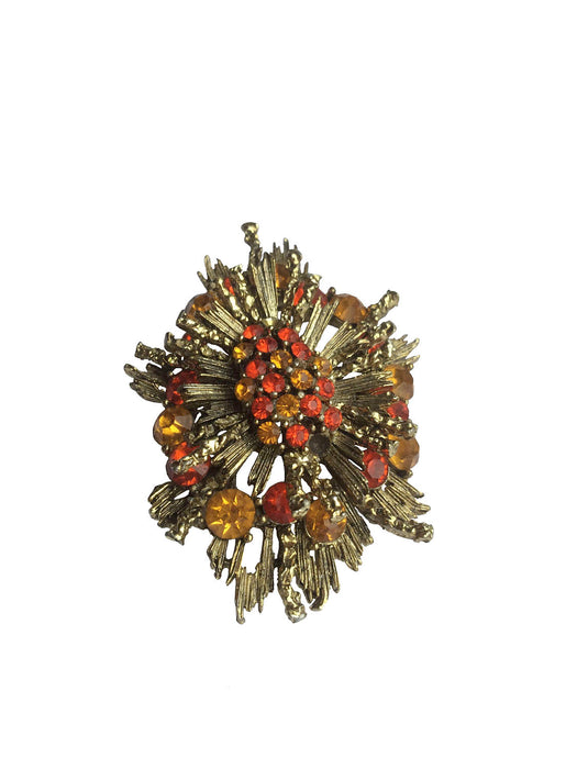 Vintage Autumn Leaves Large Rhinestone Orange & Amber Sunburst Brooch Pin, gift for her
