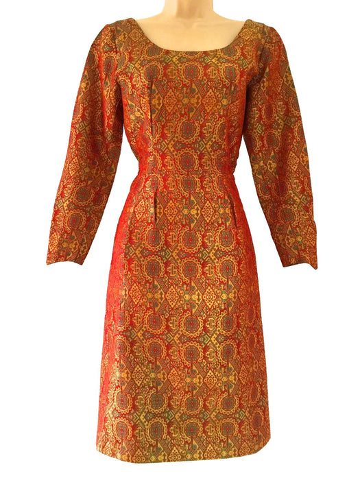 50s Vintage Jacquard Samarkand Print Wiggle Cocktail Dress, Races Wedding Dress, Tea Dress, Occasion Dress