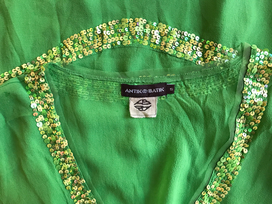 90s Antik Batik Vintage Spring Green Pure Sheer Silk Crepe de Chine Sequinned Smart Casual Occasion Party Top St Patrick's gift, Easter gift