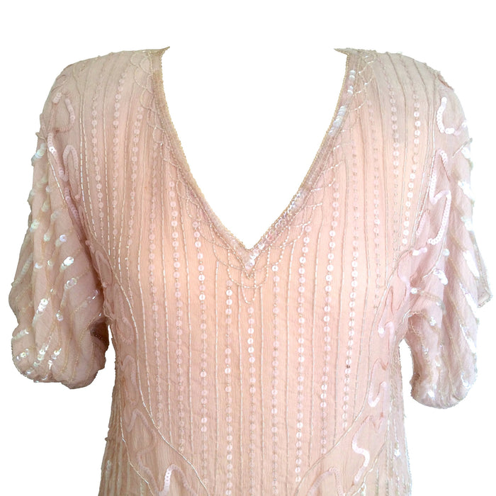 80s Vintage BNWT Frank Usher Pure Silk Coral Blush Sequined Beaded Trophy Evening Top Blouse Dress, gift for her, bridal wedding  Dead Stock