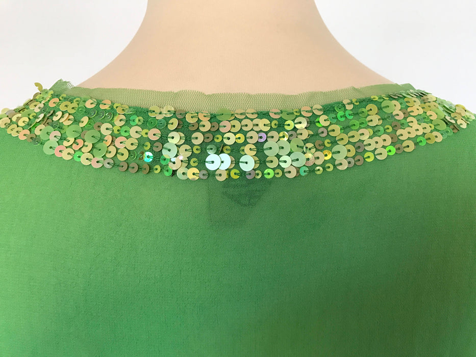 90s Antik Batik Vintage Spring Green Pure Sheer Silk Crepe de Chine Sequinned Smart Casual Occasion Party Top St Patrick's gift, Easter gift