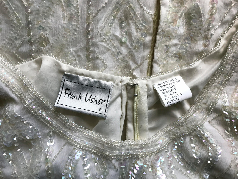 80s VTG FRANK USHER Cream White Beaded & Rainbow Sequinned Occasion Party Trophy Evening Top Tunic Blouse, gift for her, bridal wedding wear