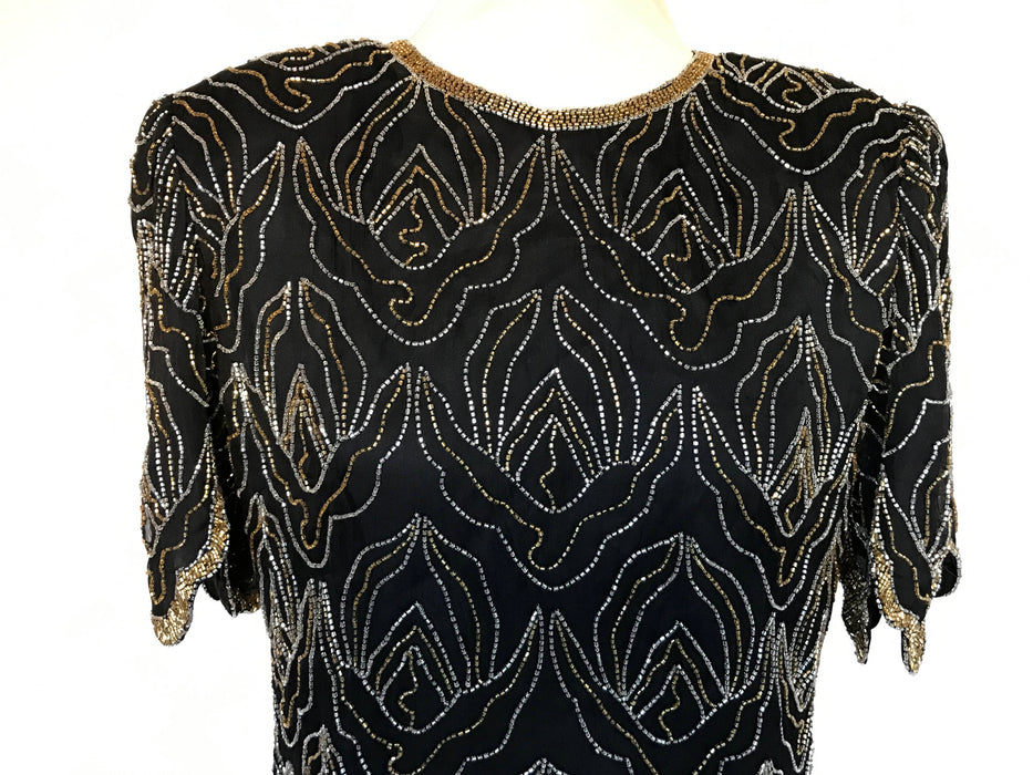 80s Scallop Edge Black Beaded Sequin Evening Occasion Party Tunic Trophy Evening Top Blouse Dress, gift for her, Christmas New Year Eve top