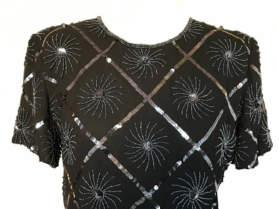 80s Silver Fireworks Black Beaded Sequin Evening Occasion Party Trophy Evening Top Blouse Dress, gift for her, Christmas New Year Eve wear