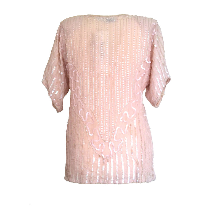 80s Vintage BNWT Frank Usher Pure Silk Coral Blush Sequined Beaded Trophy Evening Top Blouse Dress, gift for her, bridal wedding  Dead Stock