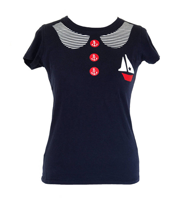 90s LAZY OAF Vintage Style Sailor Nautical Design Fitted T-Shirt, Navy Blue Red White Ladies Girls Fitted Nautical Sailor T-Shirt Top