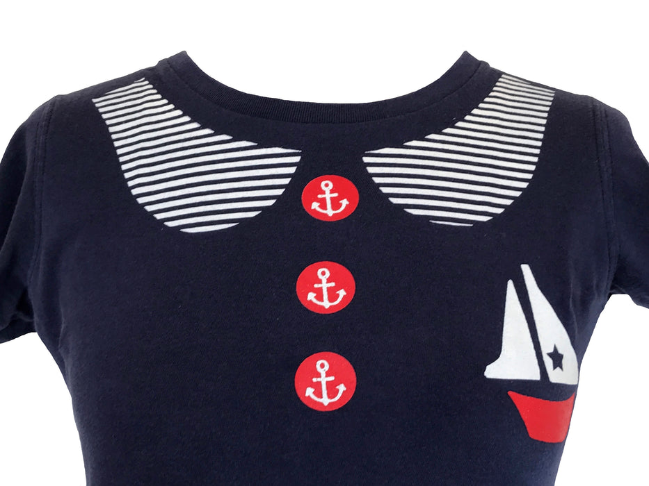90s LAZY OAF Vintage Style Sailor Nautical Design Fitted T-Shirt, Navy Blue Red White Ladies Girls Fitted Nautical Sailor T-Shirt Top