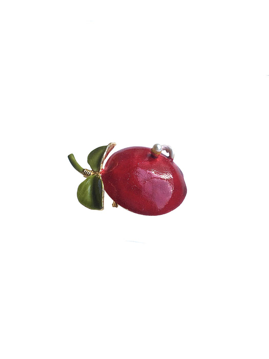 60s Original by Robert Signed Vintage Enamelled Worm and Pearl Red Apple Brooch Pin, Shawl Pin, Lapel Pin, Vintage Apple Fruit Brooch Pin